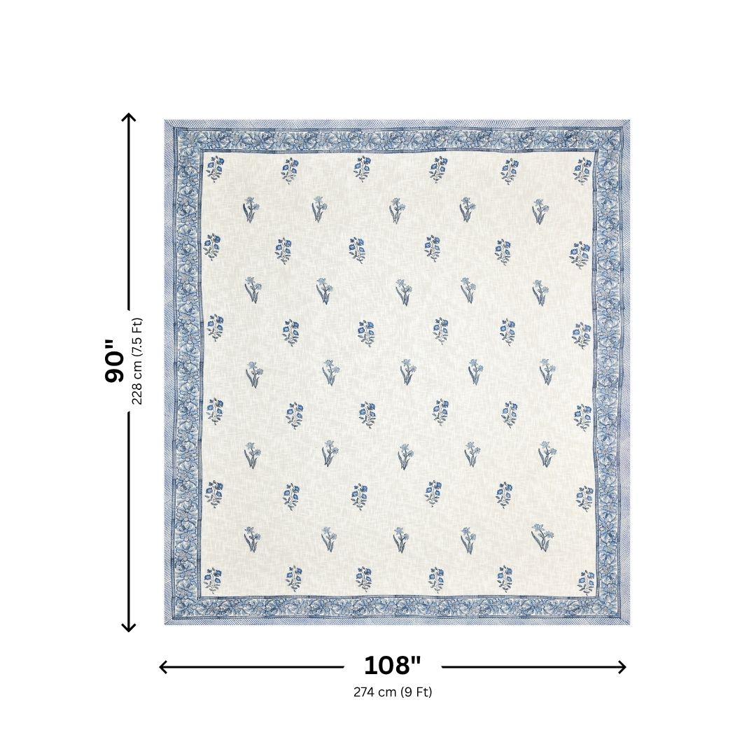 Blue Floral Motif Block Print Double Bed Cover Set in TNT Fabric (Textured Natural Touch)