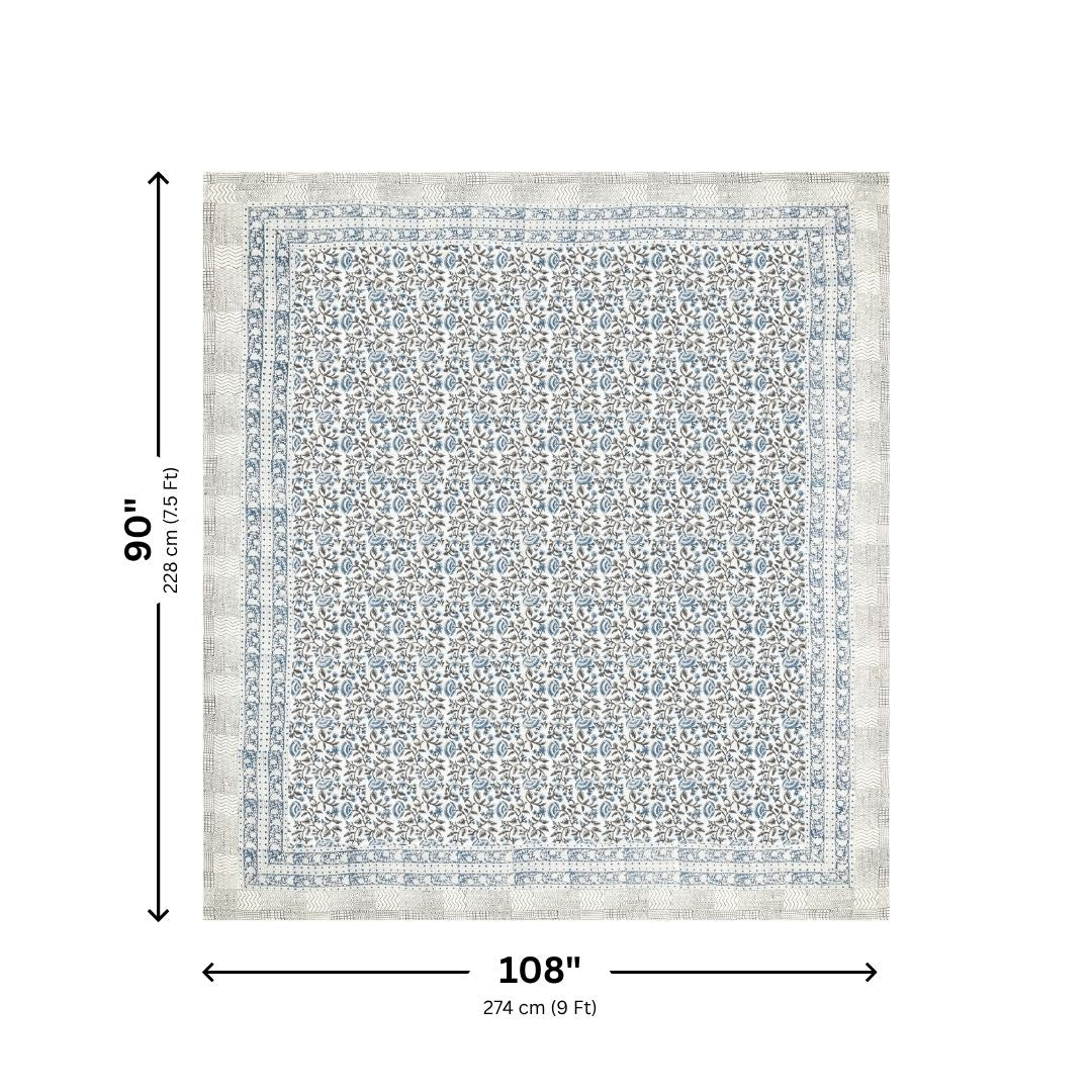Blue & Charcoal Floral Vine Block Print Double Bed Cover Set in TNT Fabric (Textured Natural Touch)