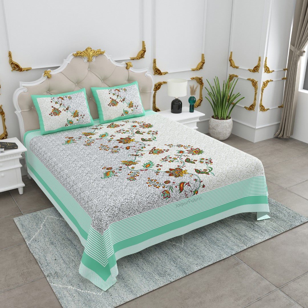 Mint Grey Dual Tone Floral Vine King Size Bedsheet
