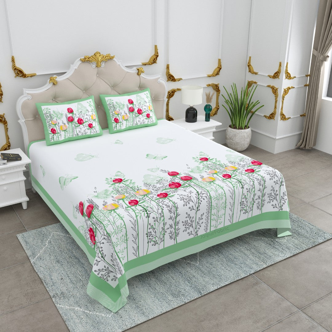 Mint Green Spring Garden Butterfly King Size Bedsheet