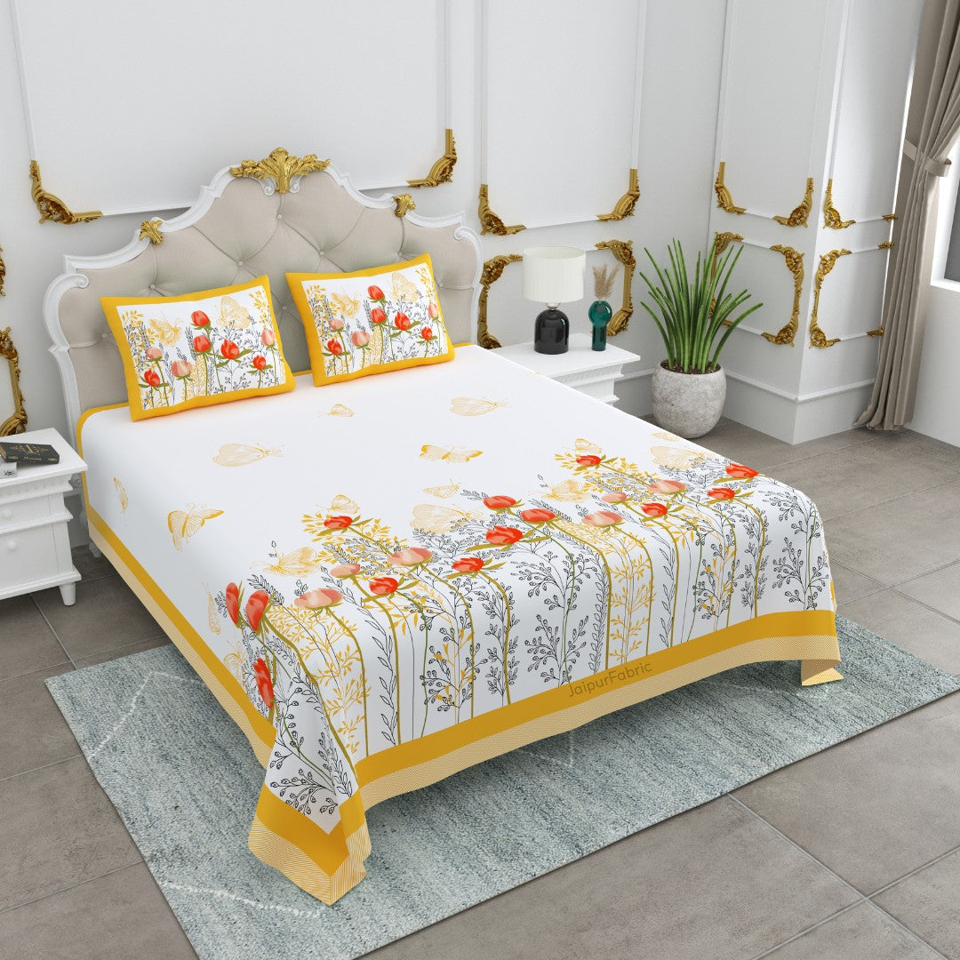 Golden Bloom Butterfly Field King Size Bedsheet