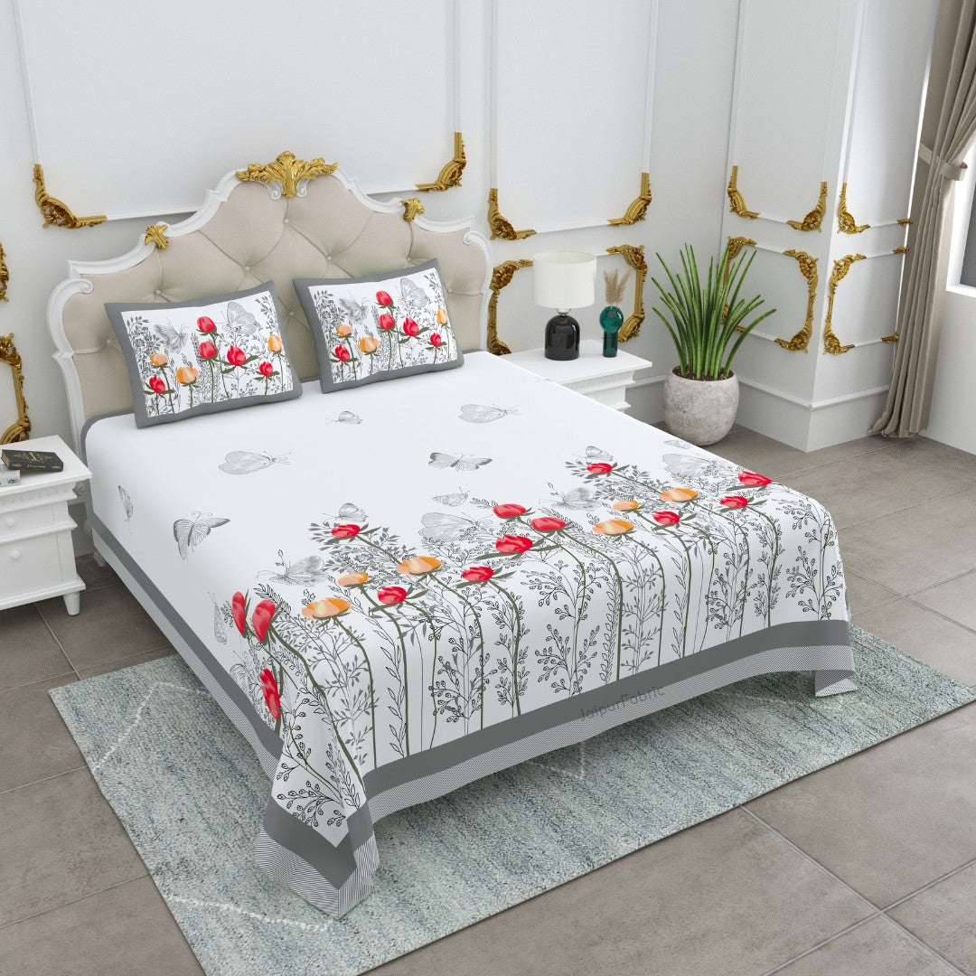 Monochrome Charm Butterfly Floral King Size Bedsheet