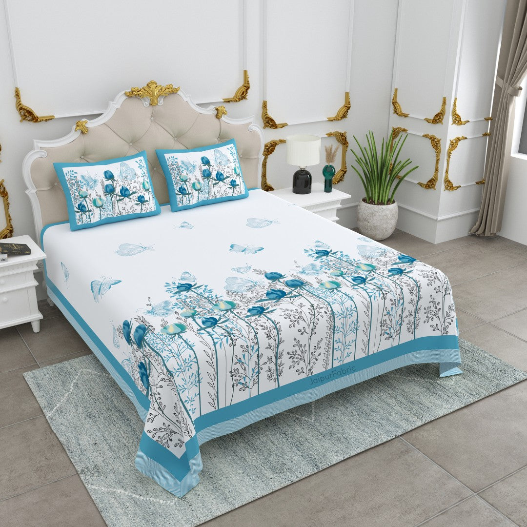 Azure Breeze Floral Butterfly King Size Bedsheet