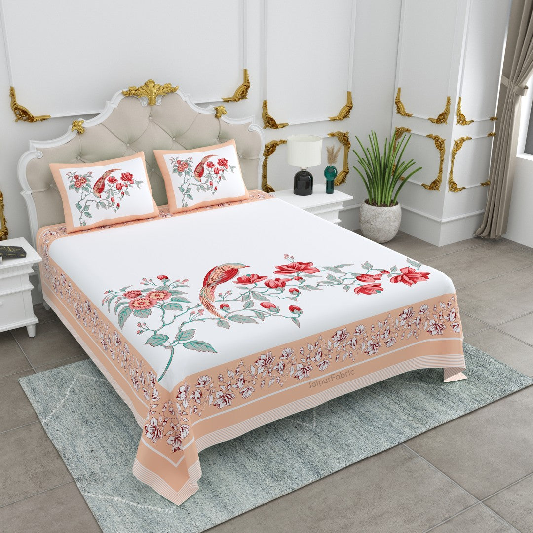 Peach Blossom Paradise Bird Motifs King Size Bedsheet