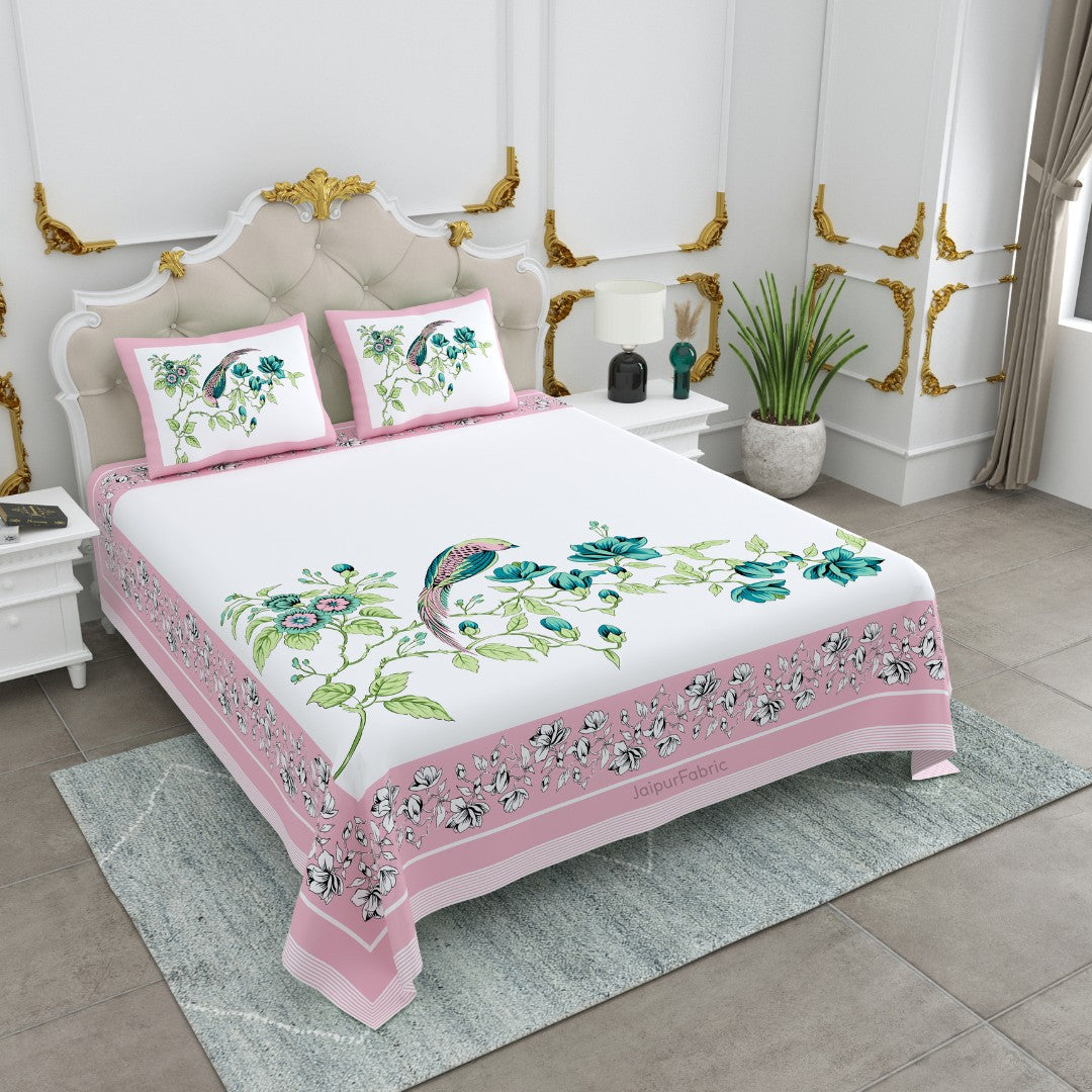Pink Garden Serenade Bird Motifs King Size Bedsheet