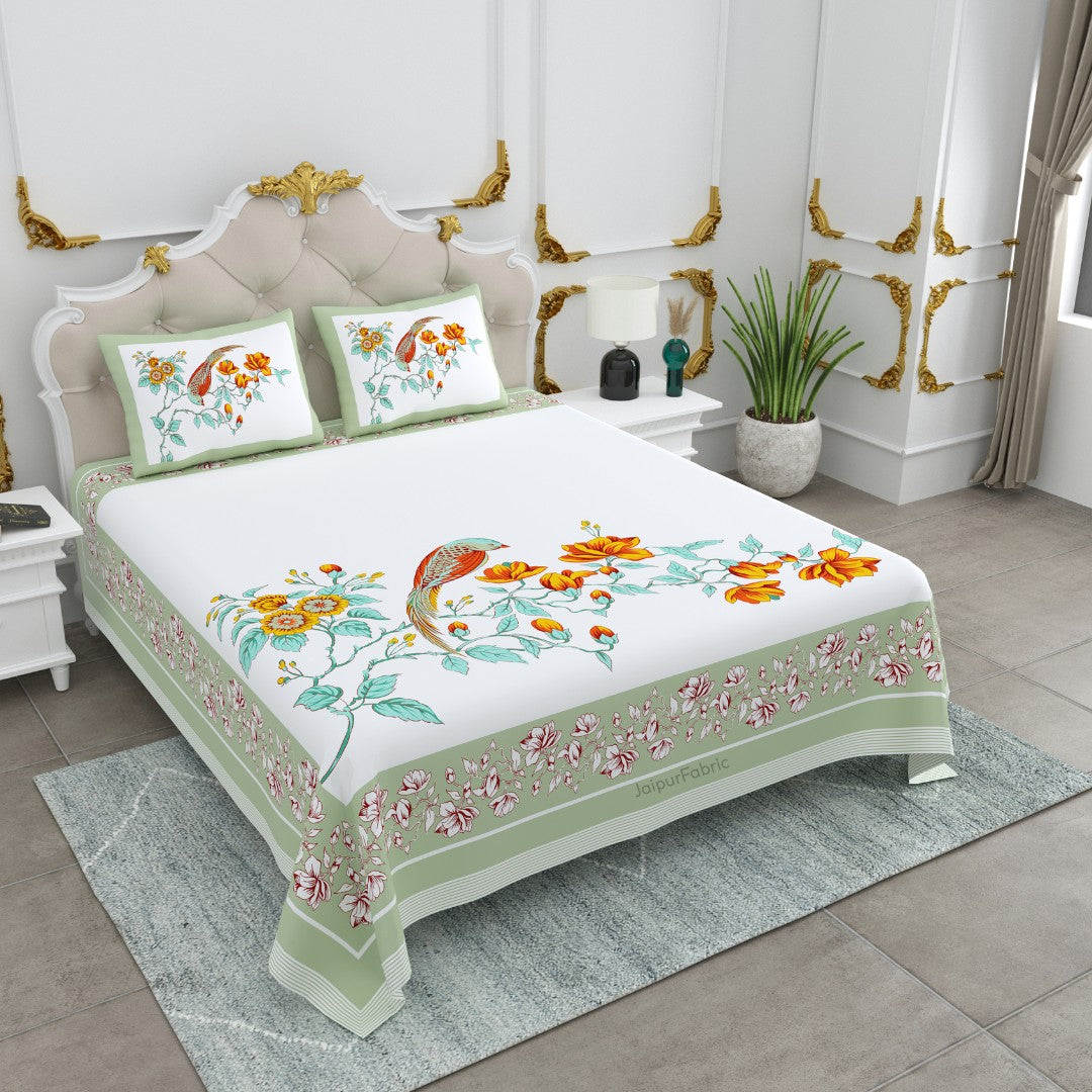 Olive Citrus Bloom Bird Motifs King Size Bedsheet