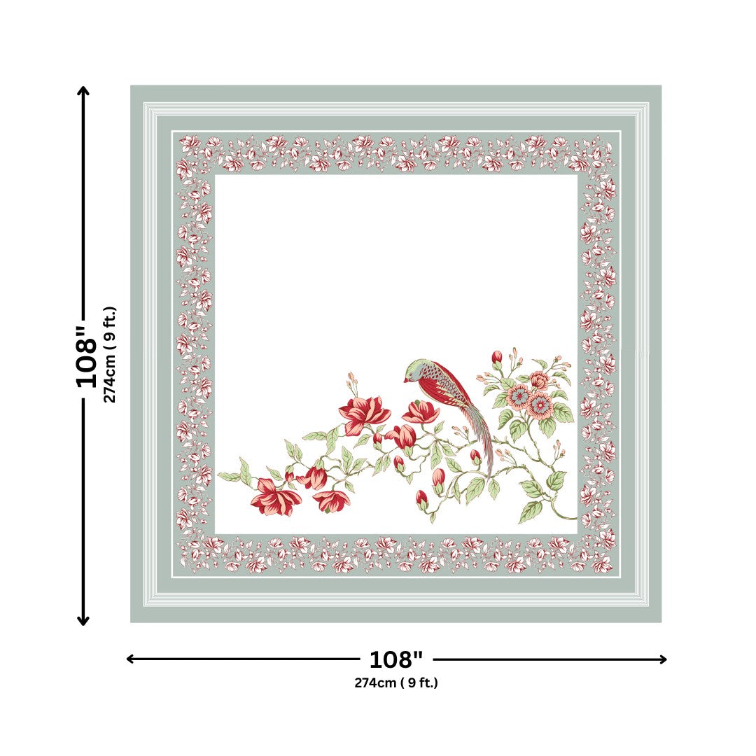 Muted Sage Red Blossom Bird Motifs King Size Bedsheet