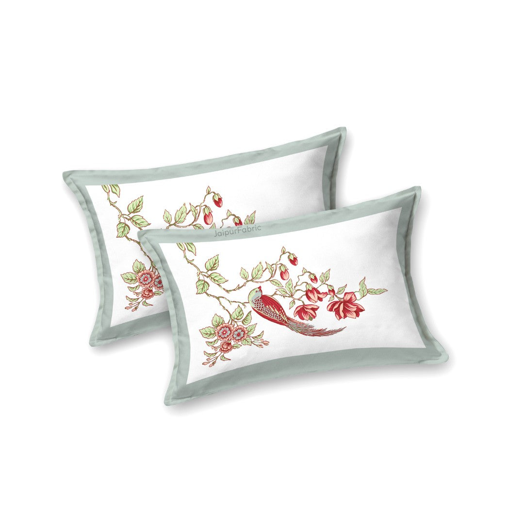 Muted Sage Red Blossom Bird Motifs King Size Bedsheet