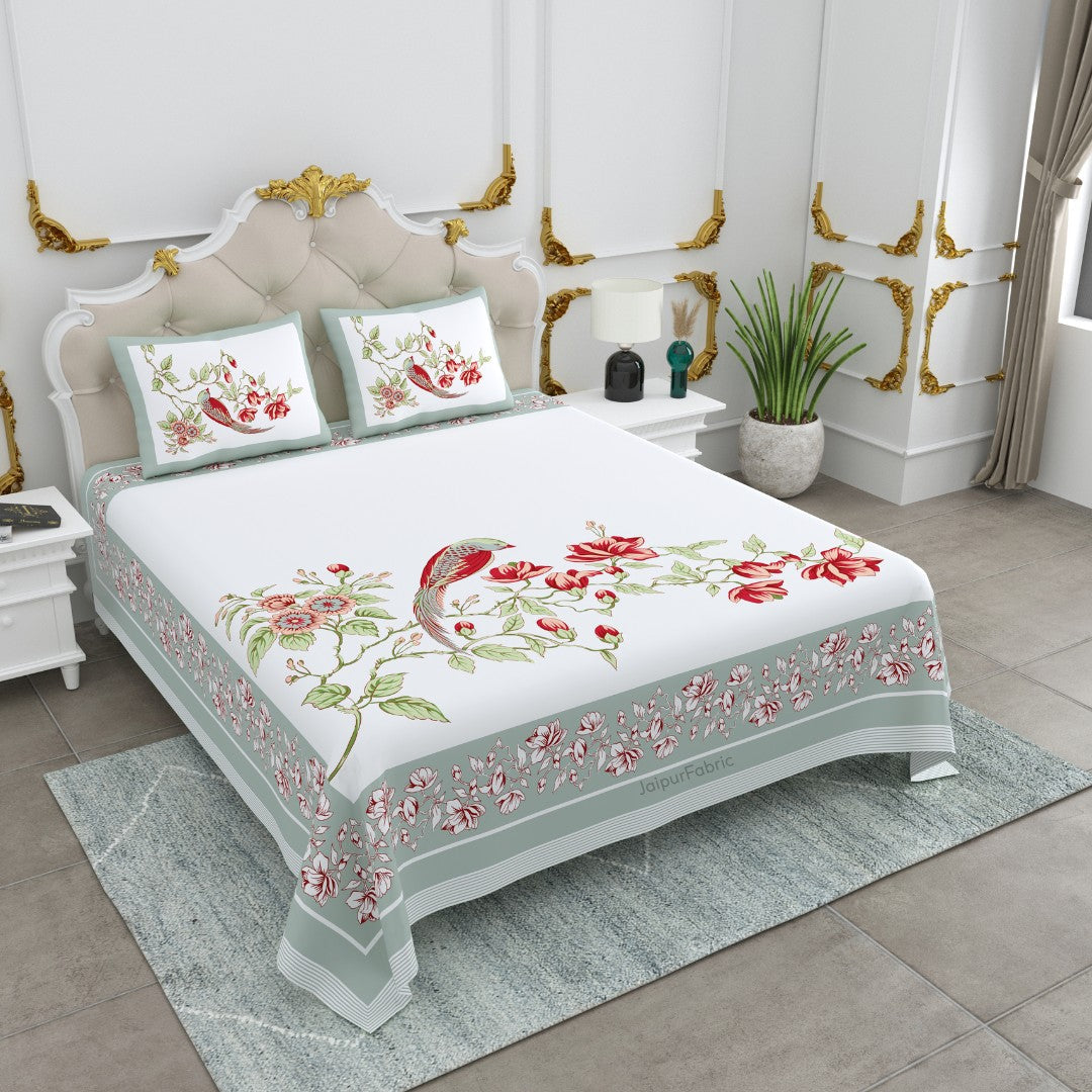 Muted Sage Red Blossom Bird Motifs King Size Bedsheet