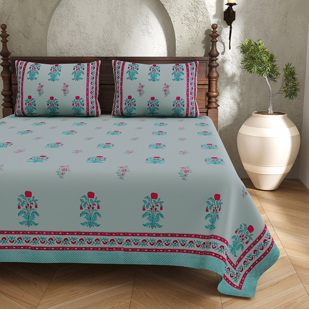 Pastel Blue Base Pink & Teal Floral Block Print King Size 100% Best Pure Cotton Bedsheet