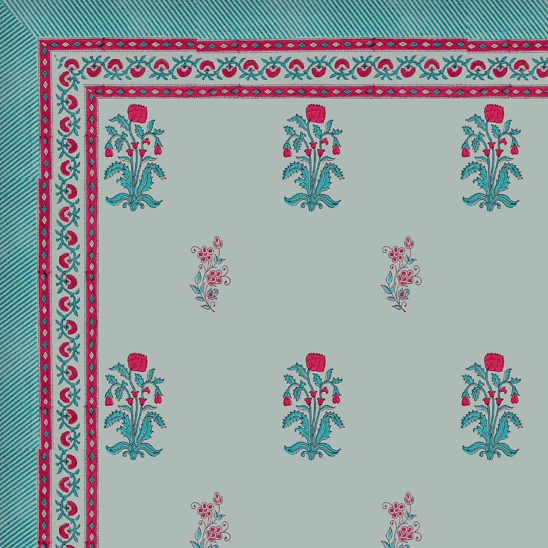 Pastel Blue Base Pink & Teal Floral Hand Block Print King Size 100% Pure Cotton Bedsheet
