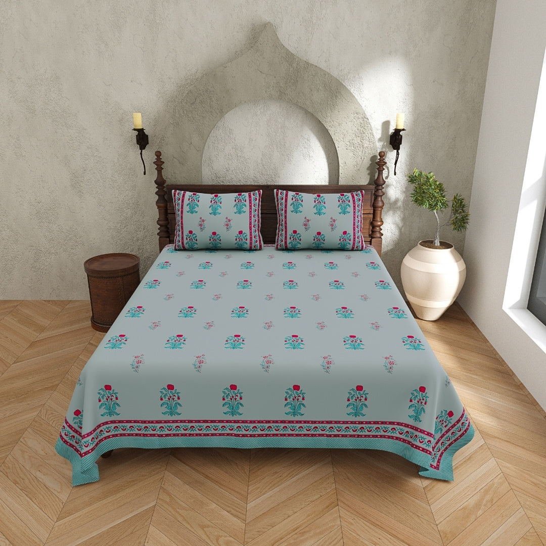 Pastel Blue Base Pink & Teal Floral Hand Block Print King Size 100% Pure Cotton Bedsheet