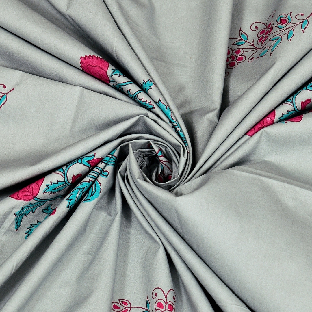 Pastel Blue Base Pink & Teal Floral Hand Block Print King Size 100% Pure Cotton Bedsheet
