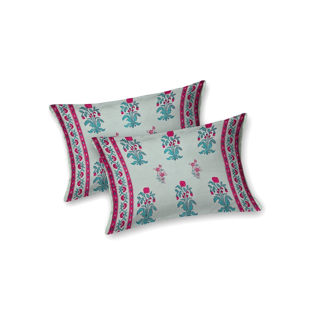 Pastel Blue Base Pink & Teal Floral Hand Block Print King Size 100% Pure Cotton Bedsheet