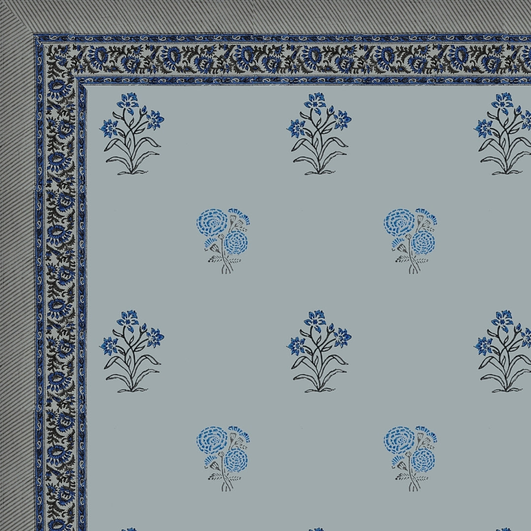 Powder Blue Base Indigo Floral Hand Block Print King Size 100% Pure Cotton Bedsheet