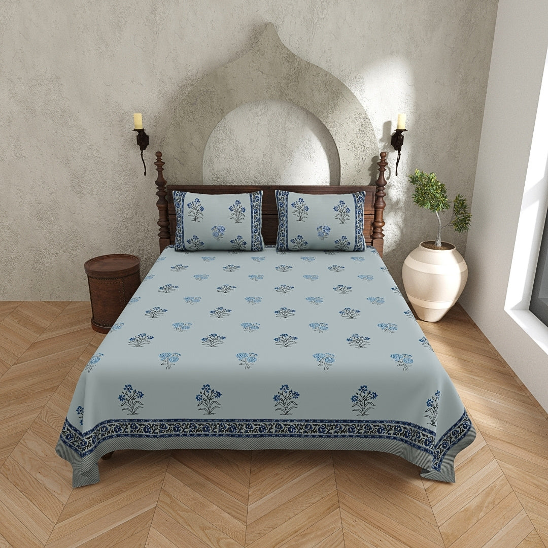 Powder Blue Base Indigo Floral Hand Block Print King Size 100% Pure Cotton Bedsheet