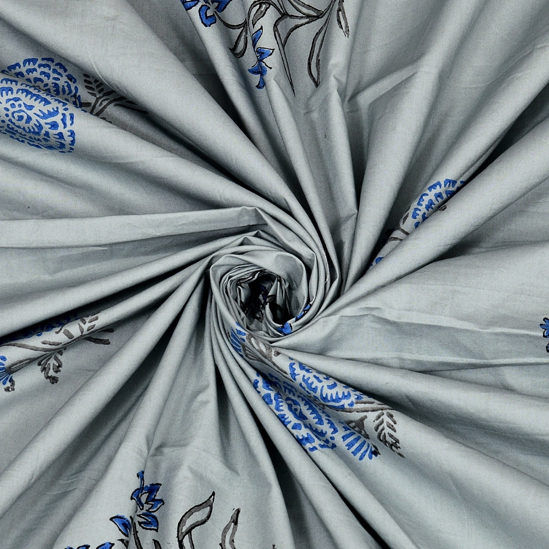 Powder Blue Base Indigo Floral Hand Block Print King Size 100% Pure Cotton Bedsheet