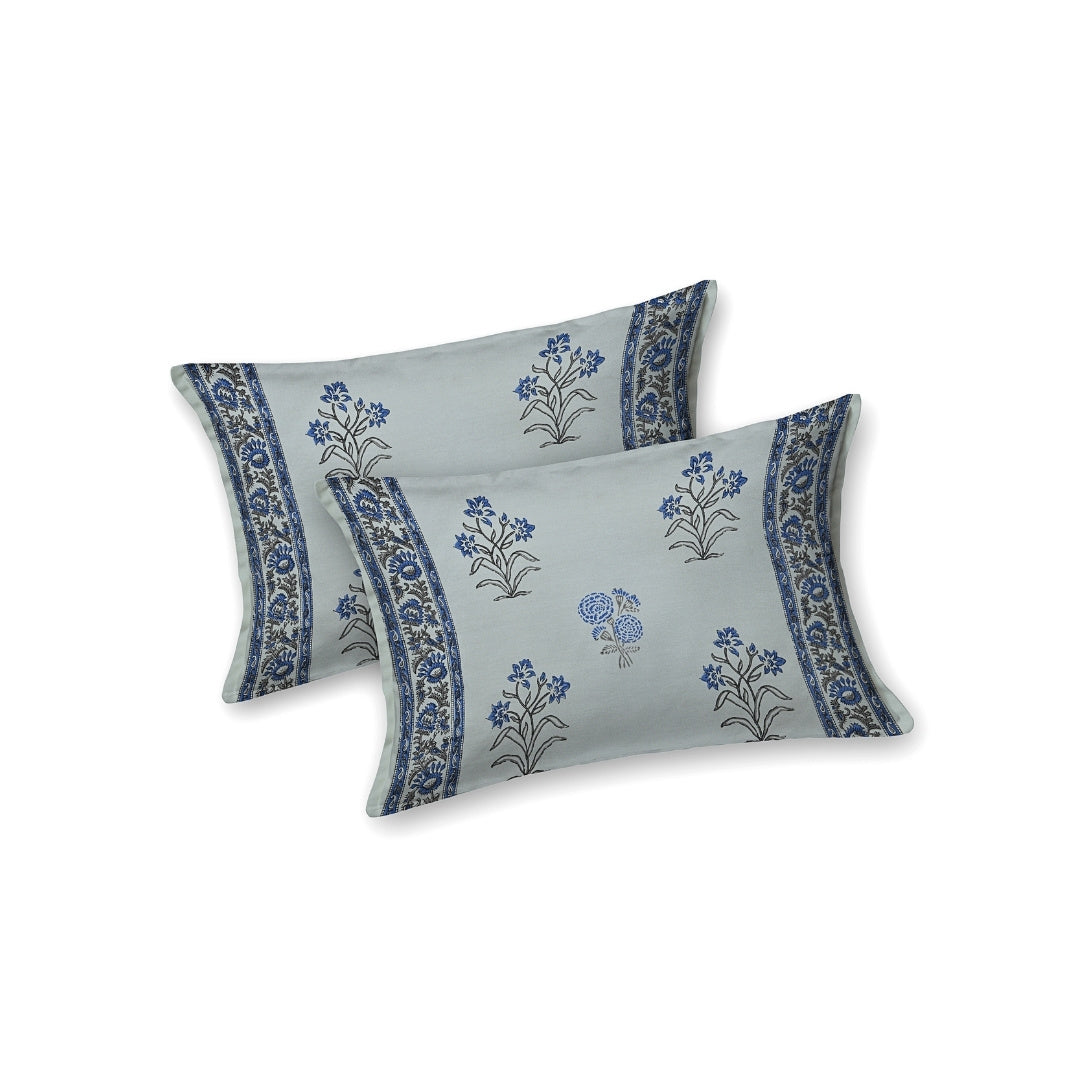 Powder Blue Base Indigo Floral Hand Block Print King Size 100% Pure Cotton Bedsheet