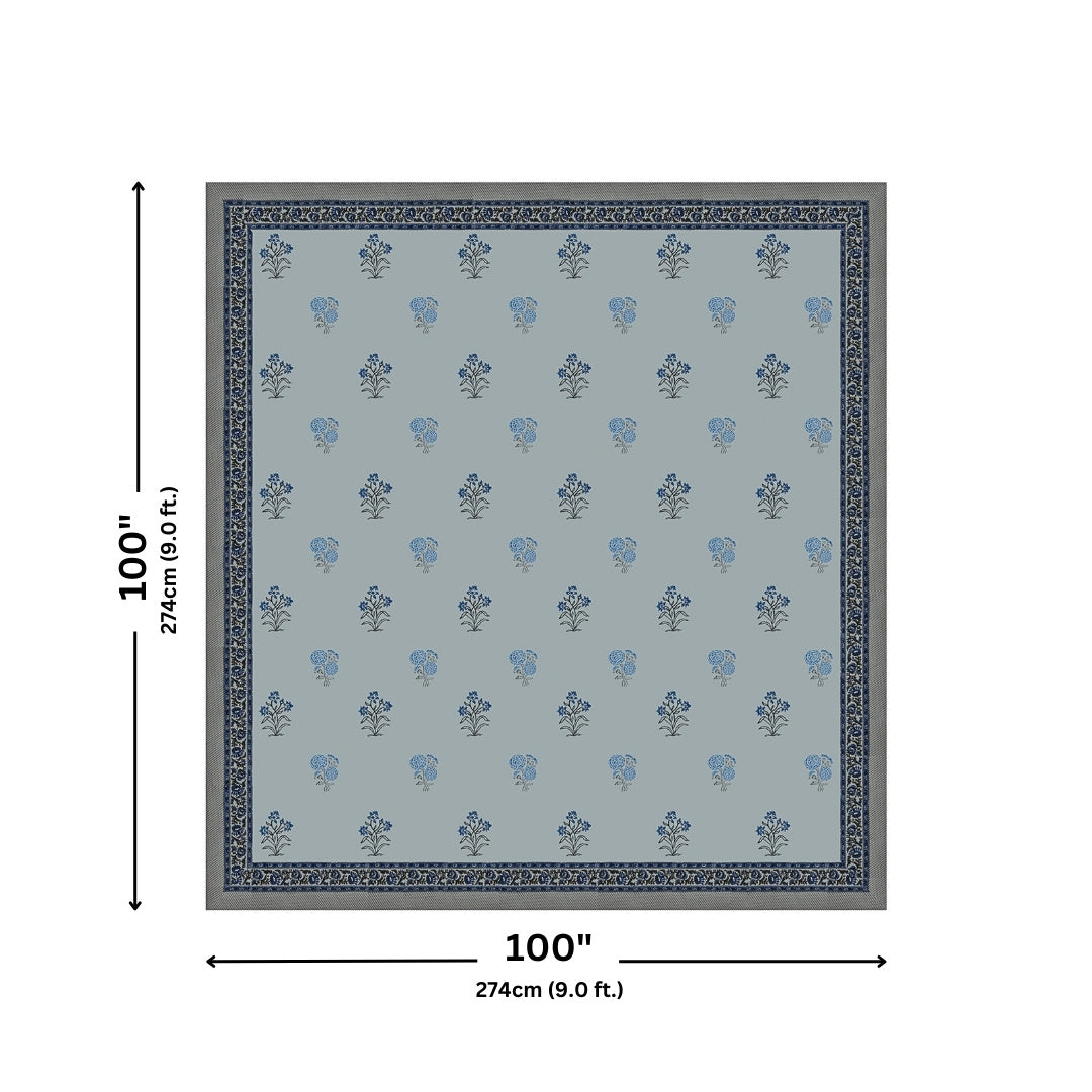 Powder Blue Base Indigo Floral Hand Block Print King Size 100% Pure Cotton Bedsheet