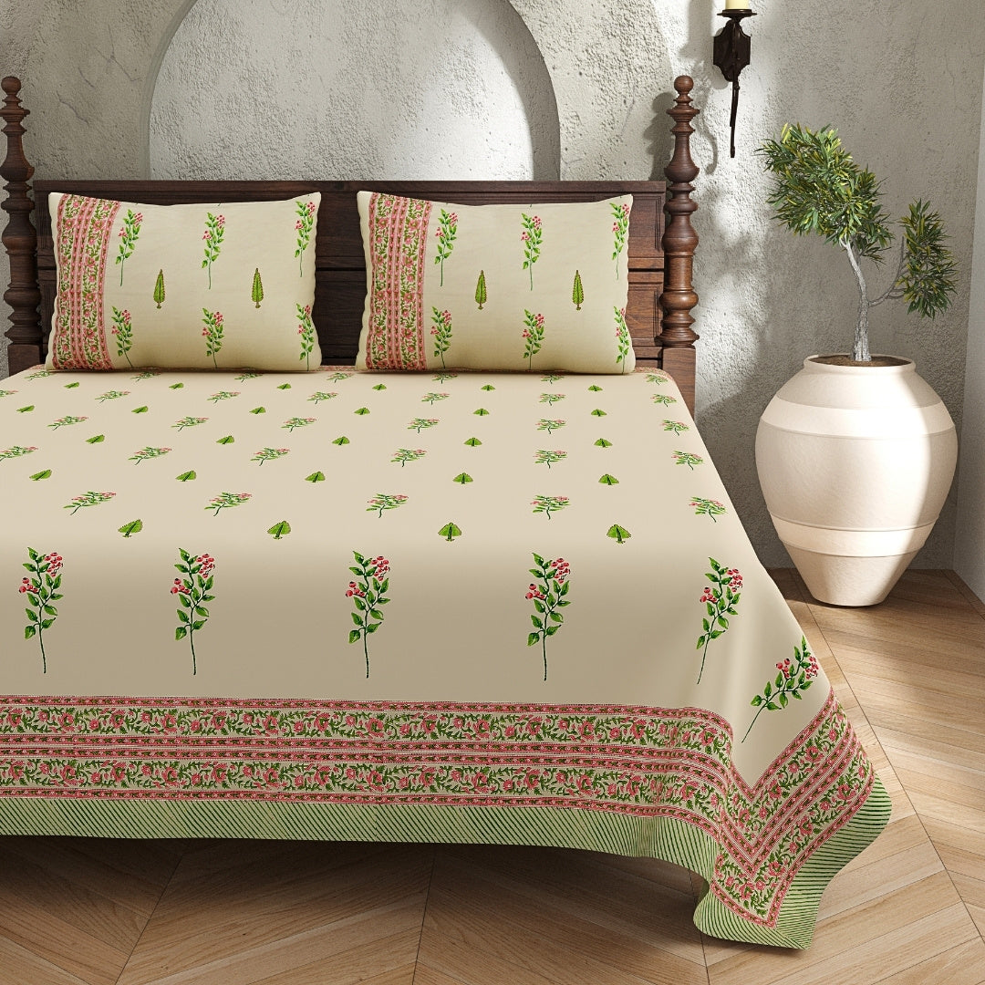 Warm Beige Base Pink & Green Botanical Block Print King Size 100% Best Pure Cotton Bedsheet