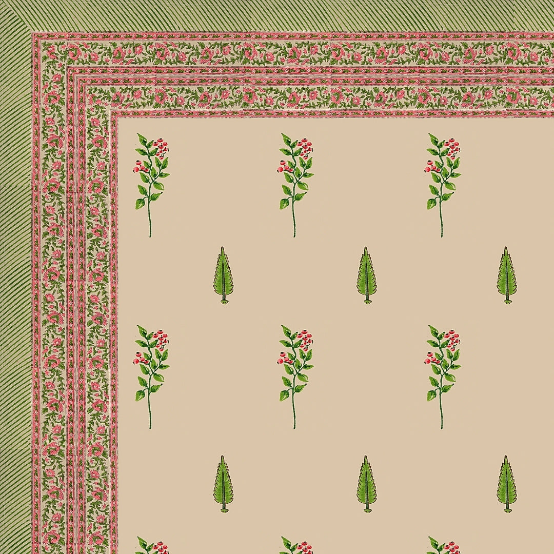 Warm Beige Base Pink & Green Botanical Hand Block Print King Size 100% Pure Cotton Bedsheet