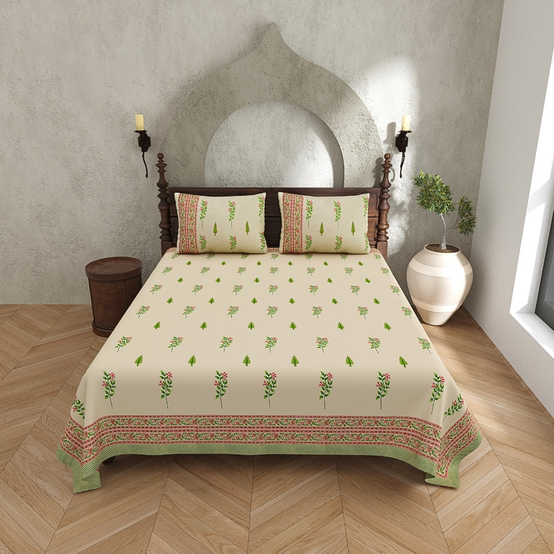 Warm Beige Base Pink & Green Botanical Hand Block Print King Size 100% Pure Cotton Bedsheet