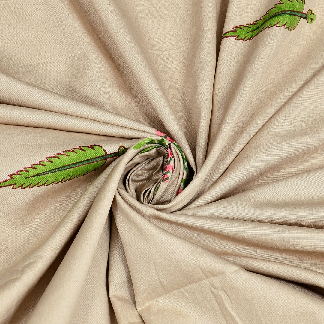 Warm Beige Base Pink & Green Botanical Hand Block Print King Size 100% Pure Cotton Bedsheet