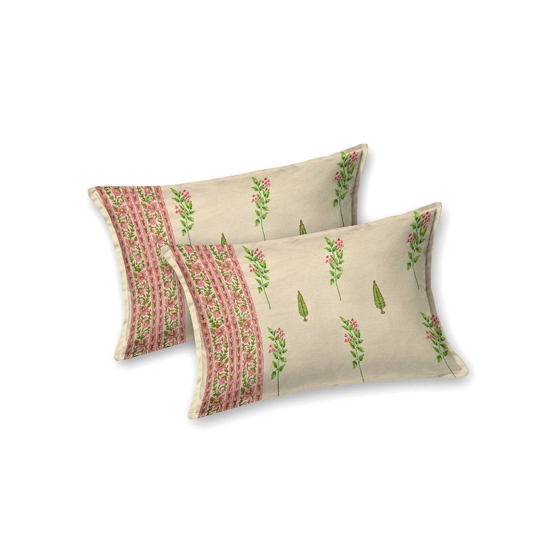 Warm Beige Base Pink & Green Botanical Hand Block Print King Size 100% Pure Cotton Bedsheet