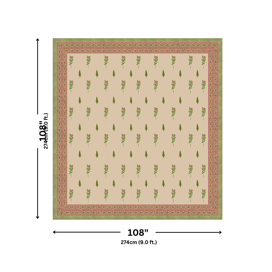 Warm Beige Base Pink & Green Botanical Hand Block Print King Size 100% Pure Cotton Bedsheet