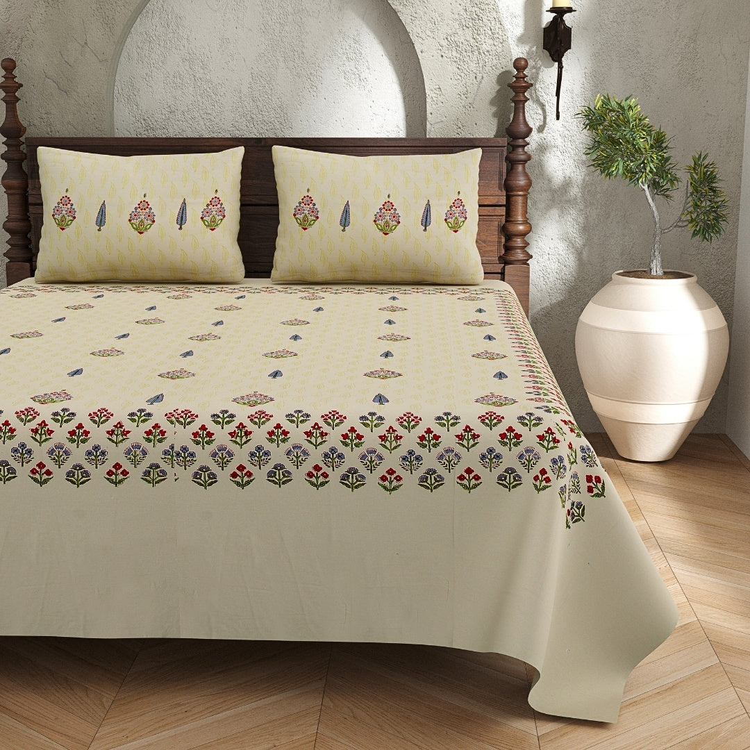 Soft Cream Base Multi-Color Floral Motif Block Print King Size 100% Best Pure Cotton Bedsheet