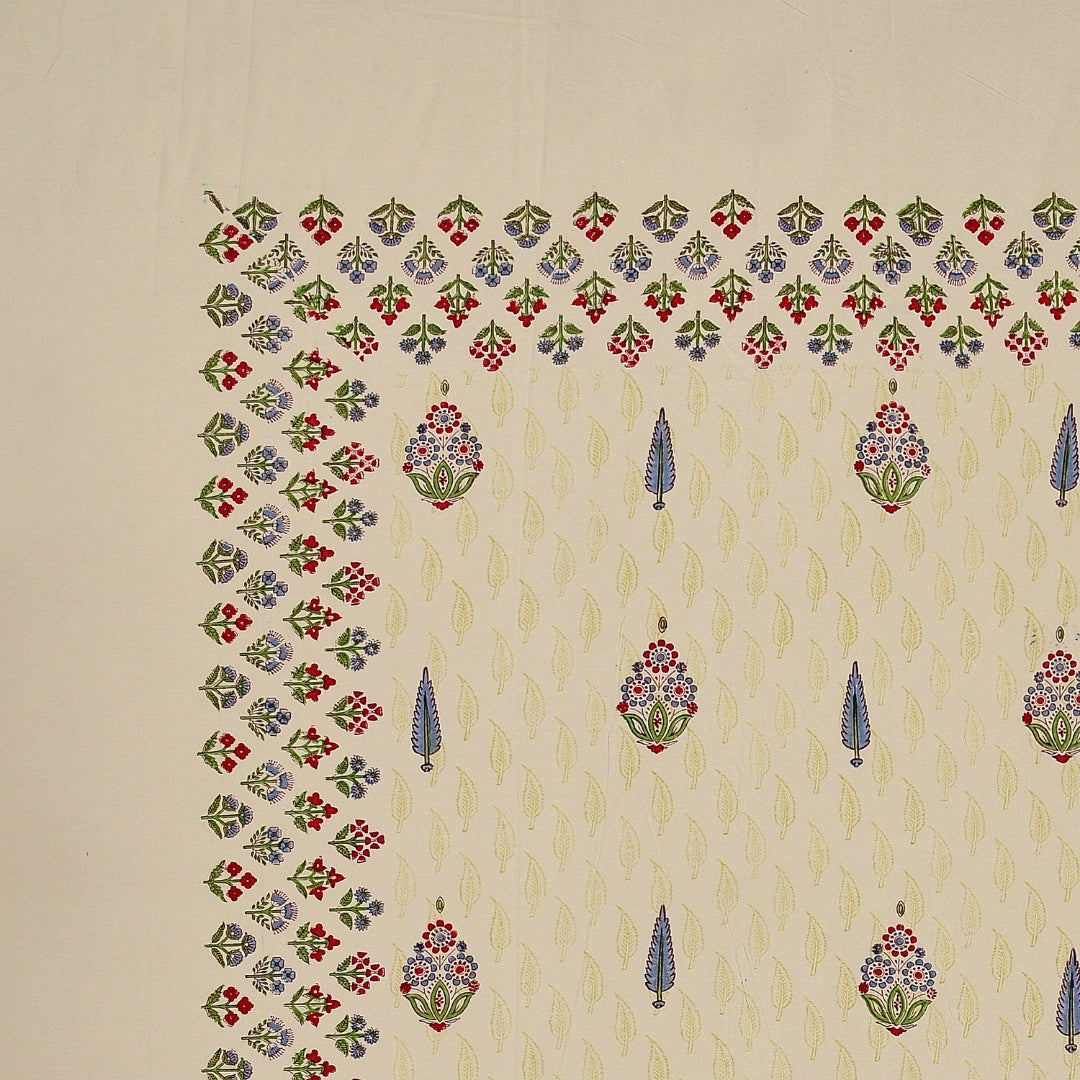 Soft Cream Base Multi-Color Floral Motif Hand Block Print King Size 100% Pure Cotton Bedsheet