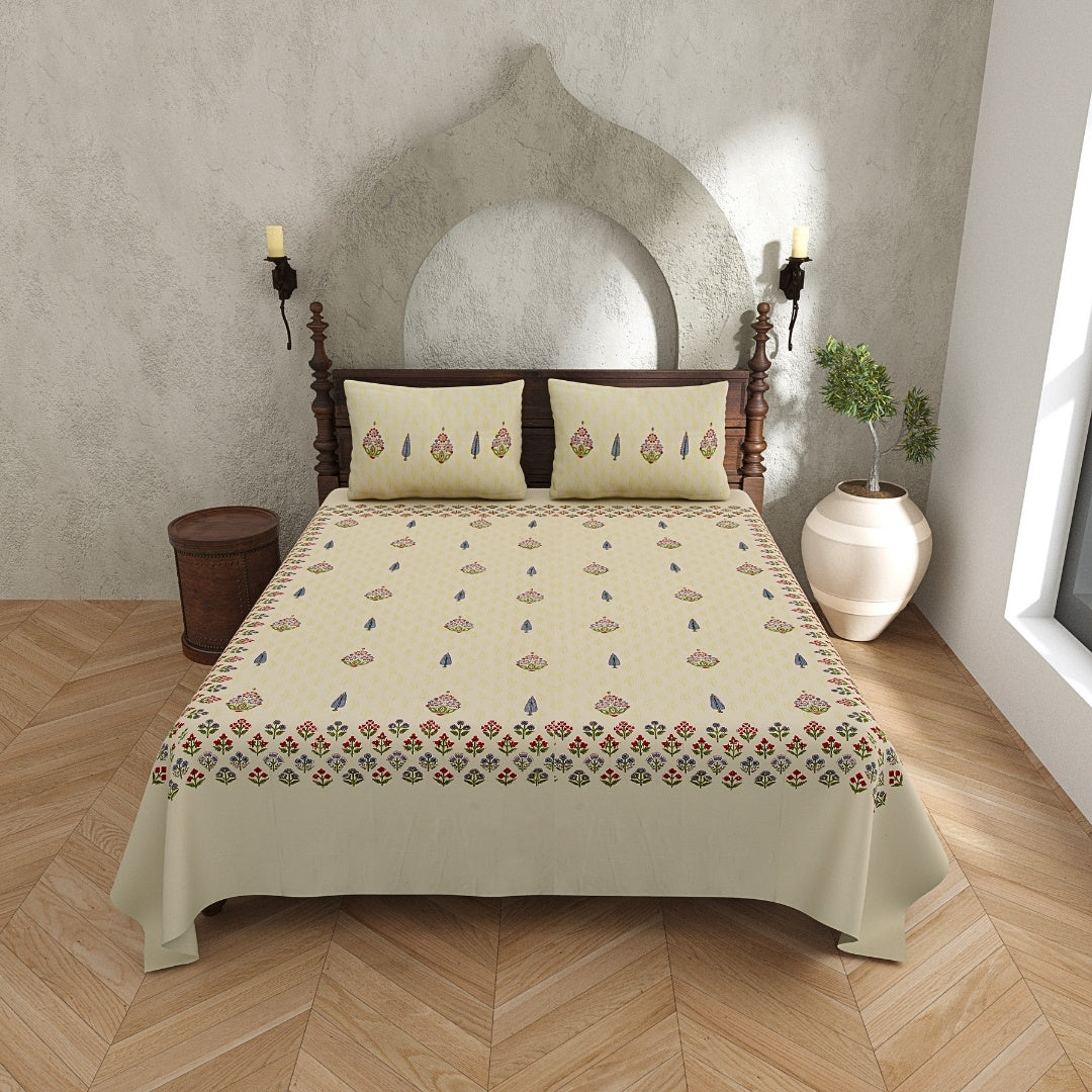 Soft Cream Base Multi-Color Floral Motif Hand Block Print King Size 100% Pure Cotton Bedsheet