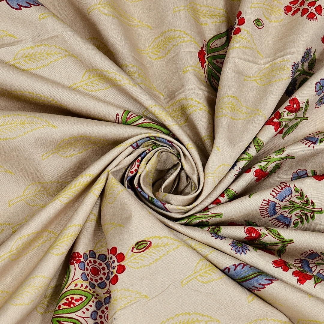 Soft Cream Base Multi-Color Floral Motif Hand Block Print King Size 100% Pure Cotton Bedsheet