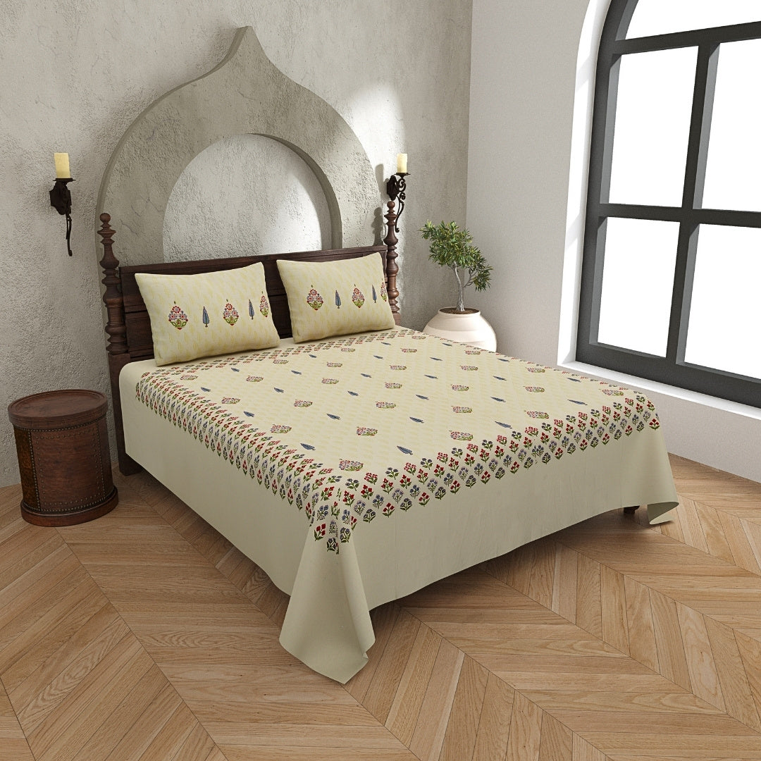 Soft Cream Base Multi-Color Floral Motif Hand Block Print King Size 100% Pure Cotton Bedsheet