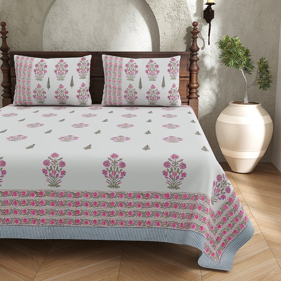 Ice Blue Base Magenta Floral Bouquet Block Print King Size 100% Best Pure Cotton Bedsheet