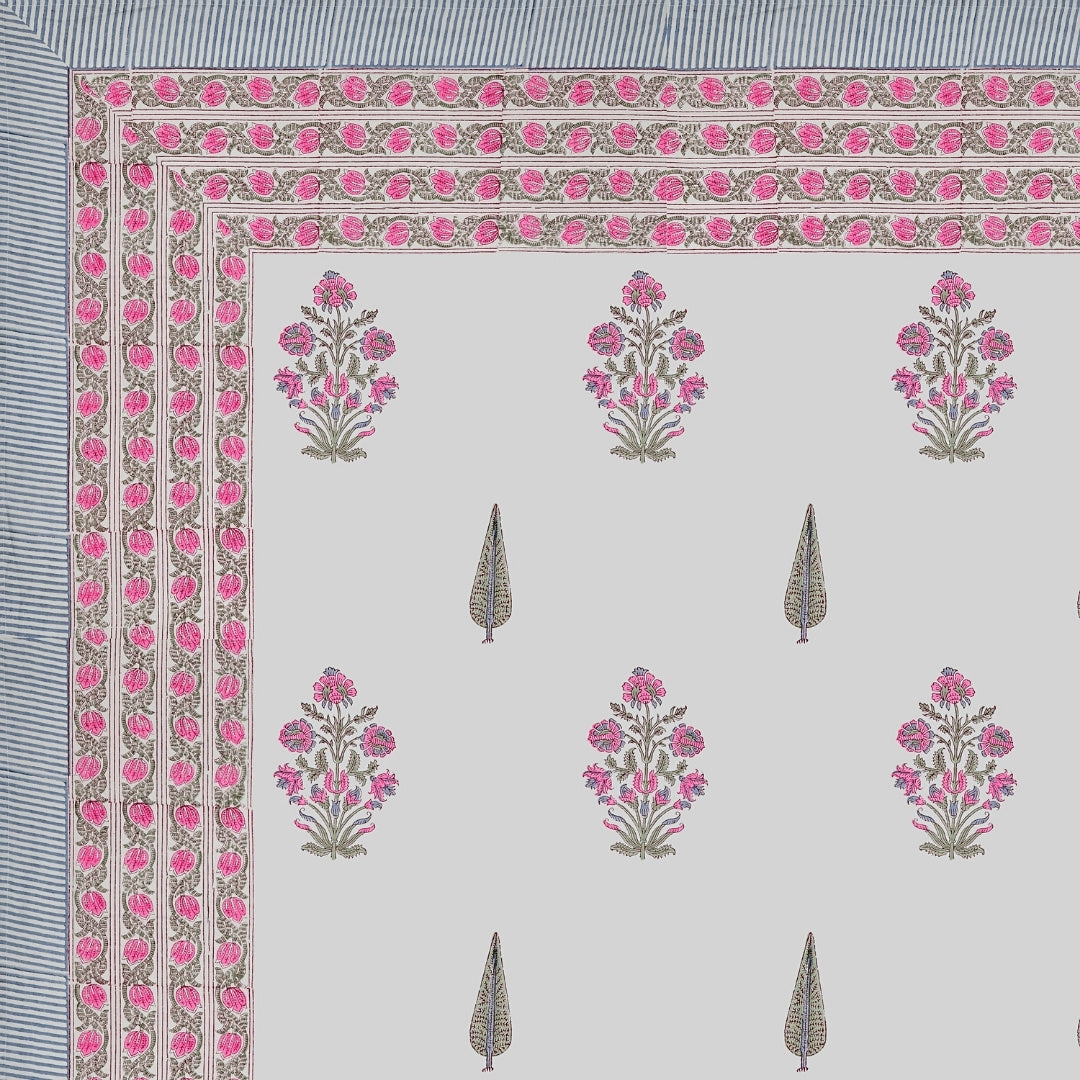 Ice Blue Base Magenta Floral Bouquet Hand Block Print King Size 100% Pure Cotton Bedsheet