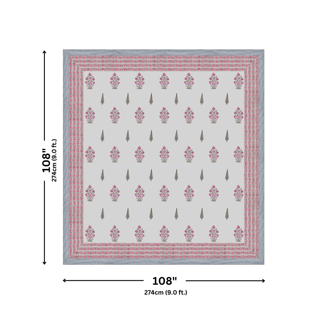Ice Blue Base Magenta Floral Bouquet Hand Block Print King Size 100% Pure Cotton Bedsheet