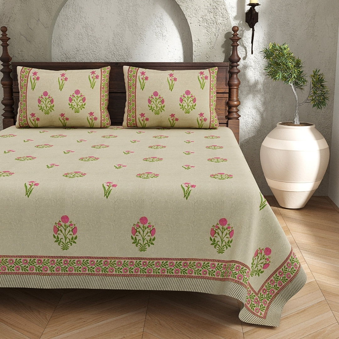 Sand Base Bright Pink Floral Block Print King Size 100% Best Pure Cotton Bedsheet
