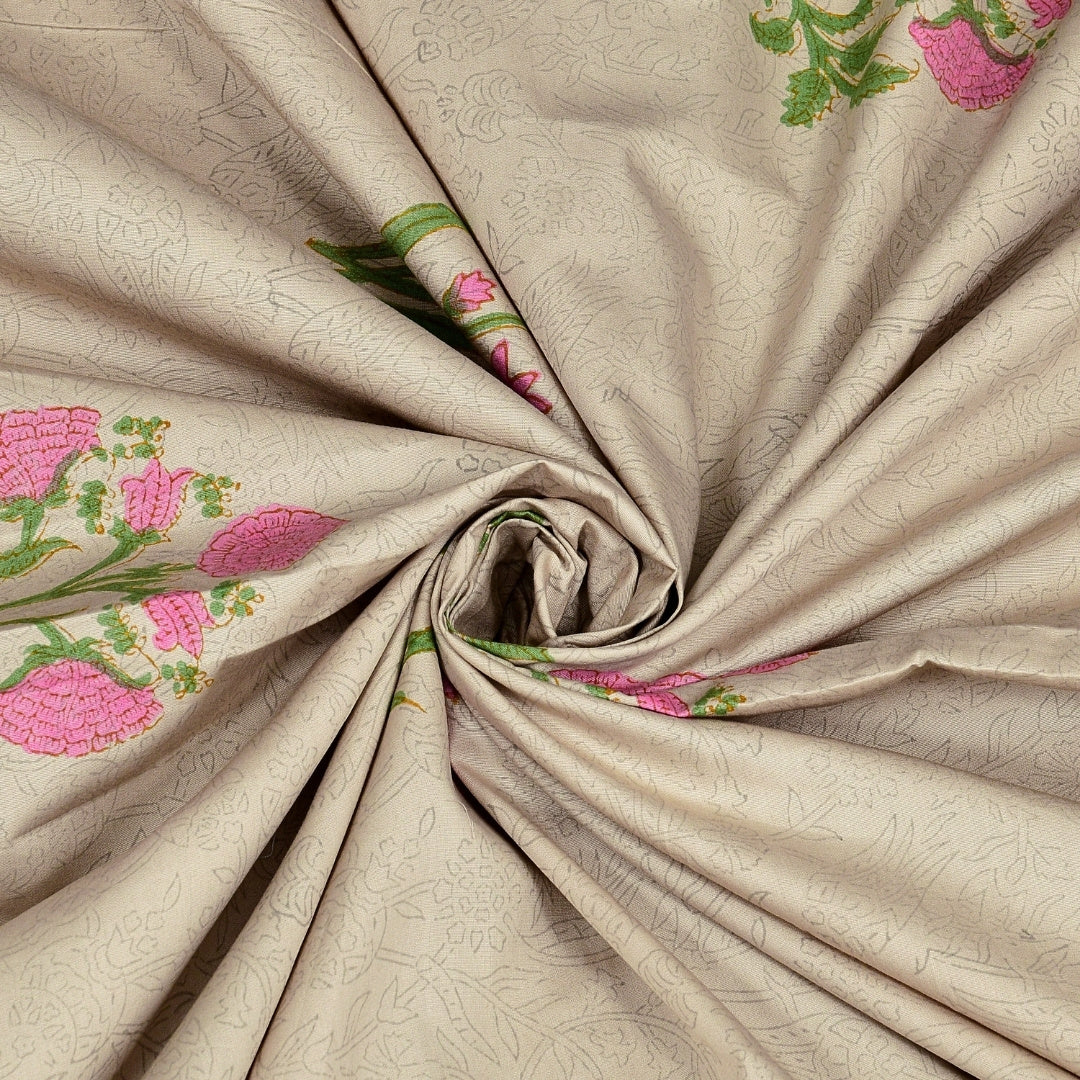 Sand Base Bright Pink Floral Hand Block Print King Size 100% Pure Cotton Bedsheet