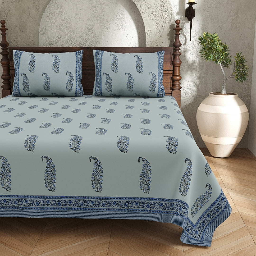 Slate Blue Base Indigo Paisley Block Print King Size 100% Best Pure Cotton Bedsheet