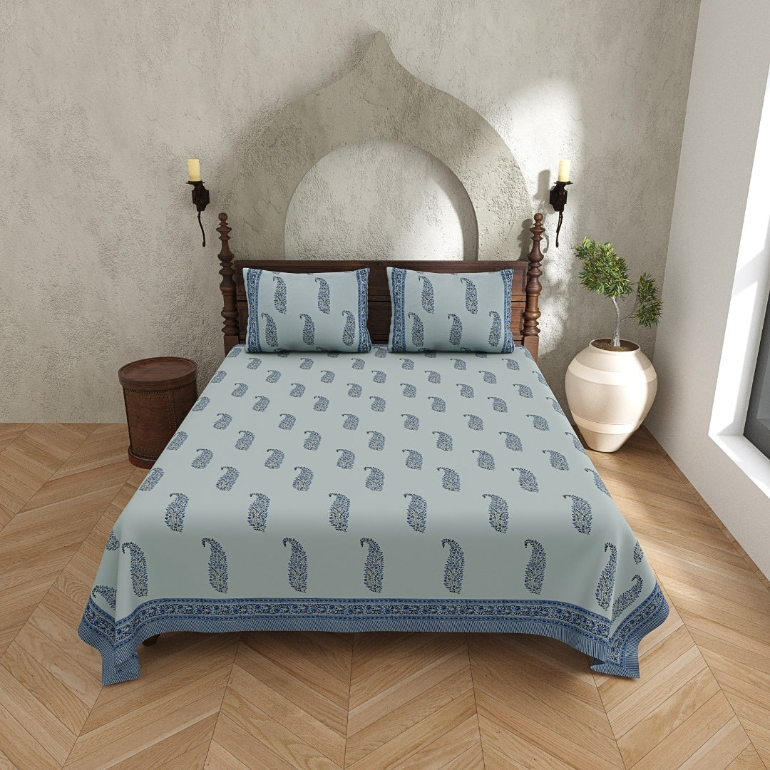 Slate Blue Base Indigo Paisley Hand Block Print King Size 100% Pure Cotton Bedsheet