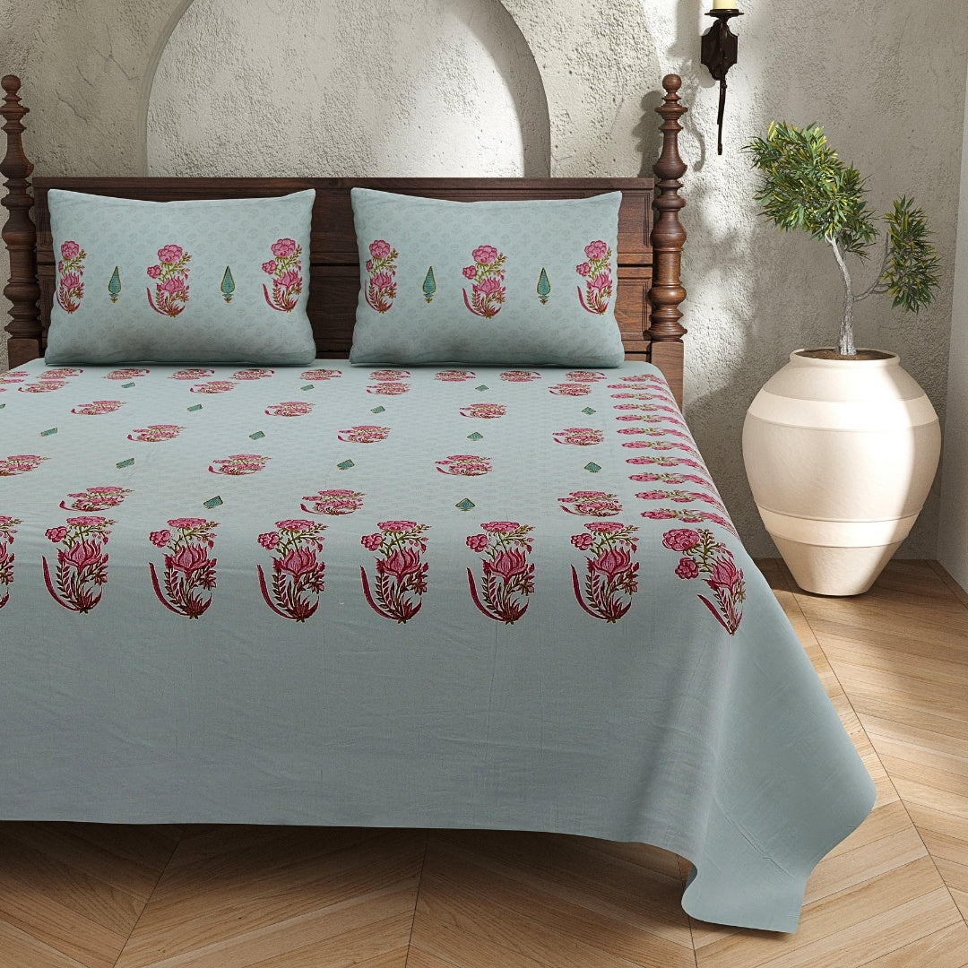 Mint Green Base Rose Pink Lotus Block Print King Size 100% Best Pure Cotton Bedsheet