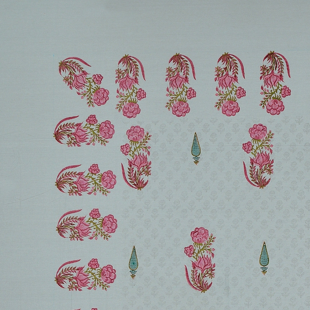 Mint Green Base Rose Pink Lotus Hand Block Print King Size 100% Pure Cotton Bedsheet