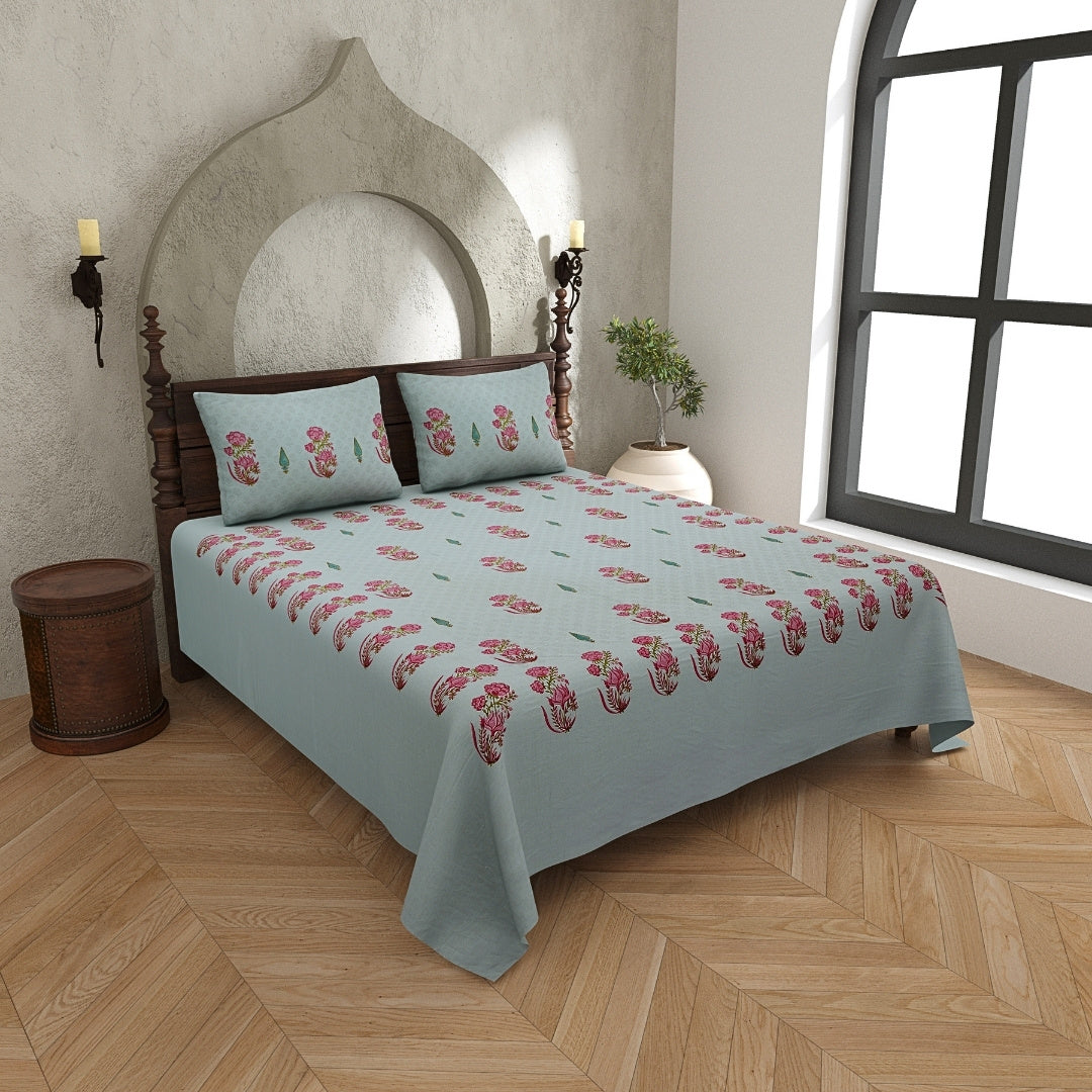 Mint Green Base Rose Pink Lotus Hand Block Print King Size 100% Pure Cotton Bedsheet