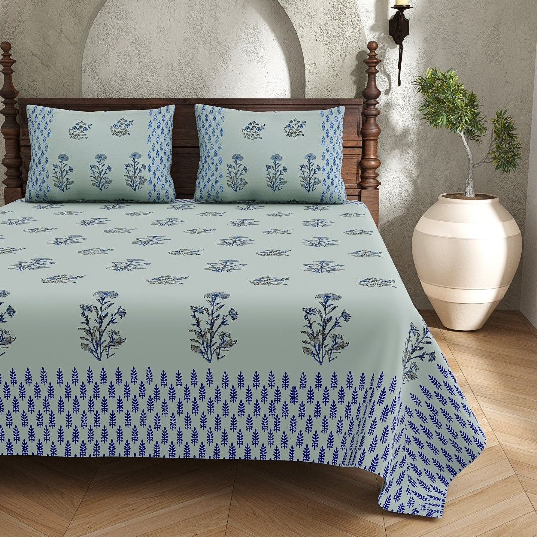 Sage Green Base Deep Blue Floral Block Print King Size 100% Best Pure Cotton Bedsheet