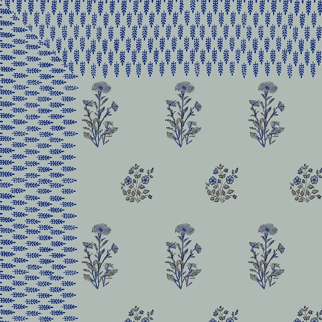 Sage Green Base Deep Blue Floral Hand Block Print King Size 100% Pure Cotton Bedsheet