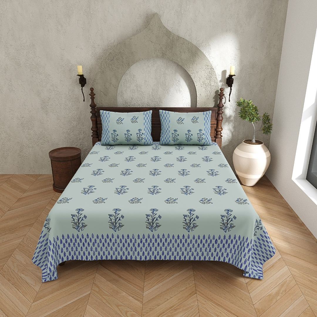 Sage Green Base Deep Blue Floral Hand Block Print King Size 100% Pure Cotton Bedsheet