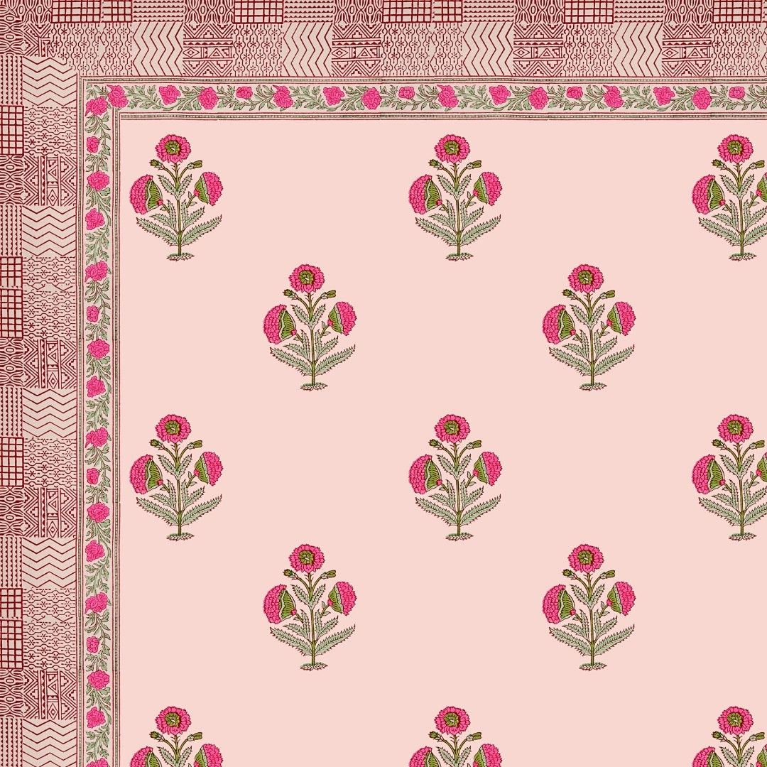 Blush Pink Base Rose Floral Hand Block Print King Size 100% Pure Cotton Bedsheet
