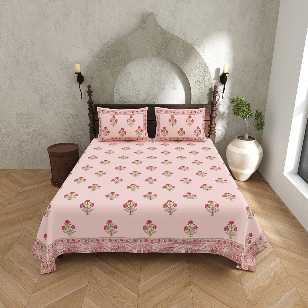 Blush Pink Base Rose Floral Hand Block Print King Size 100% Pure Cotton Bedsheet