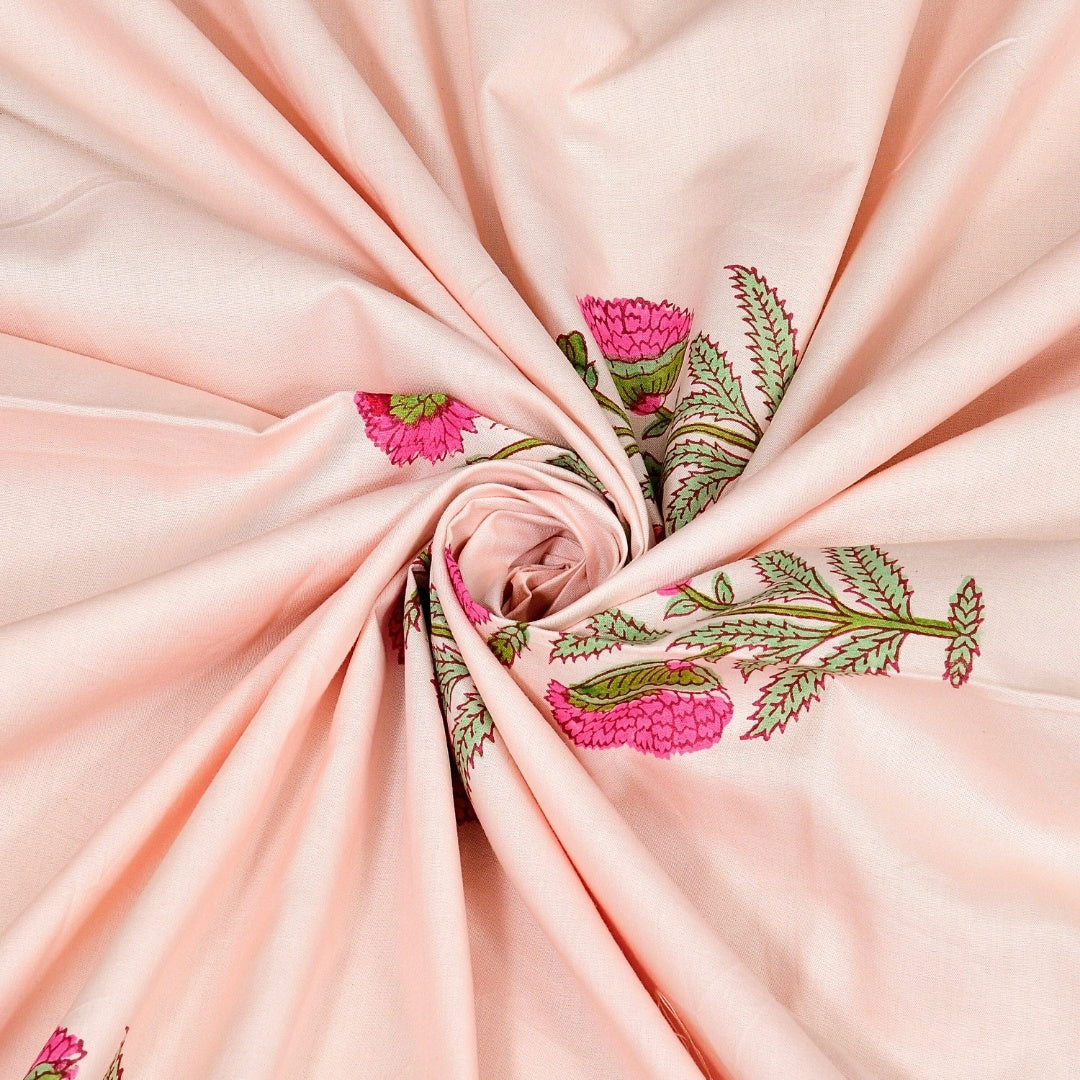 Blush Pink Base Rose Floral Hand Block Print King Size 100% Pure Cotton Bedsheet